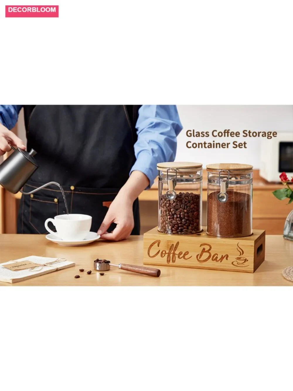 Coffee Canister Set with Shelf, Airtight Glass Storage for Coffee Beans & More